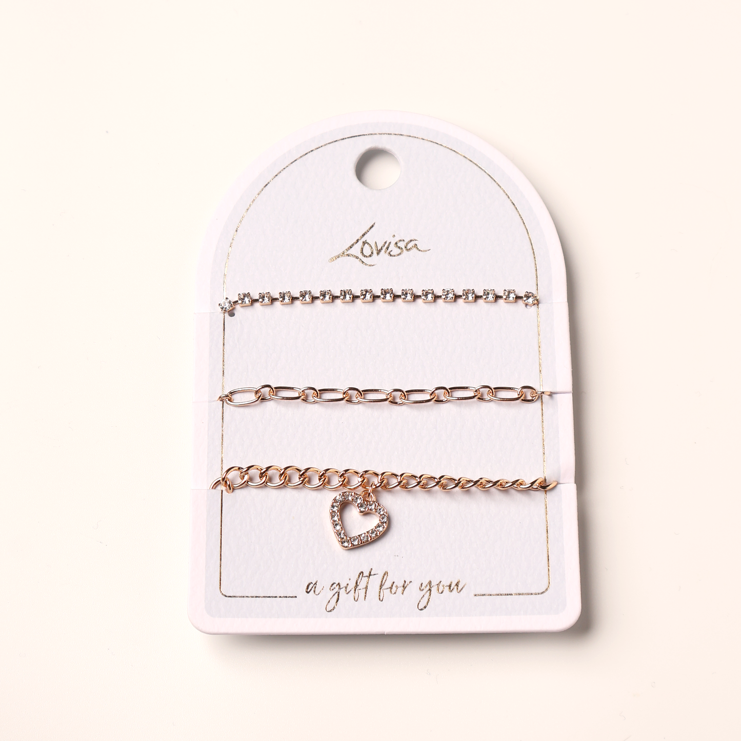 Bracelet 3 pc Heart Charm, Crystal Chain