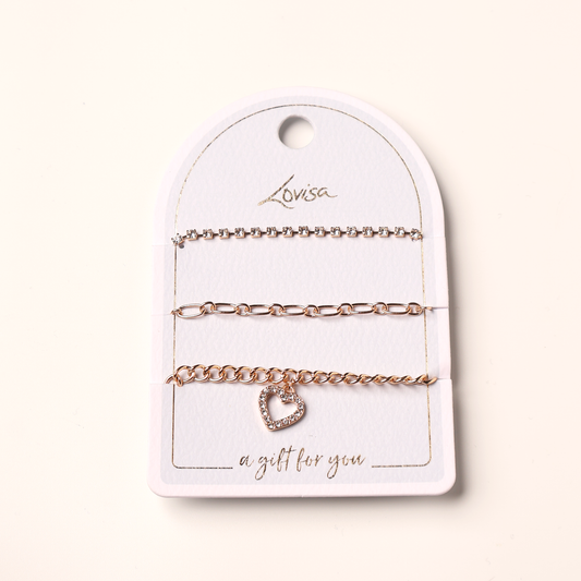 Bracelet 3 pc Heart Charm, Crystal Chain