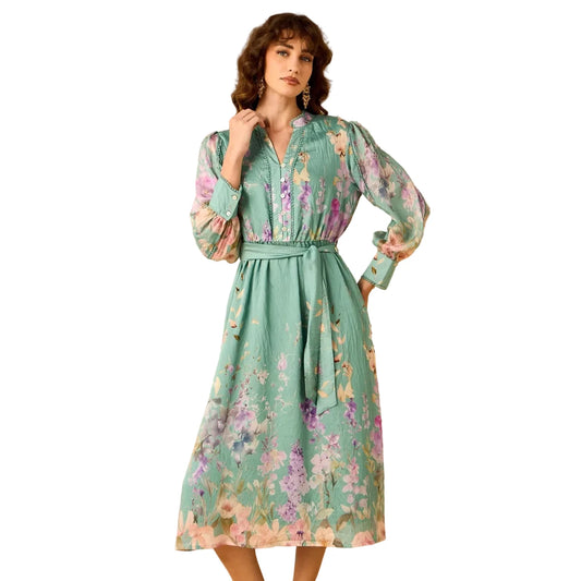 Floral Print Belted Midi Dress