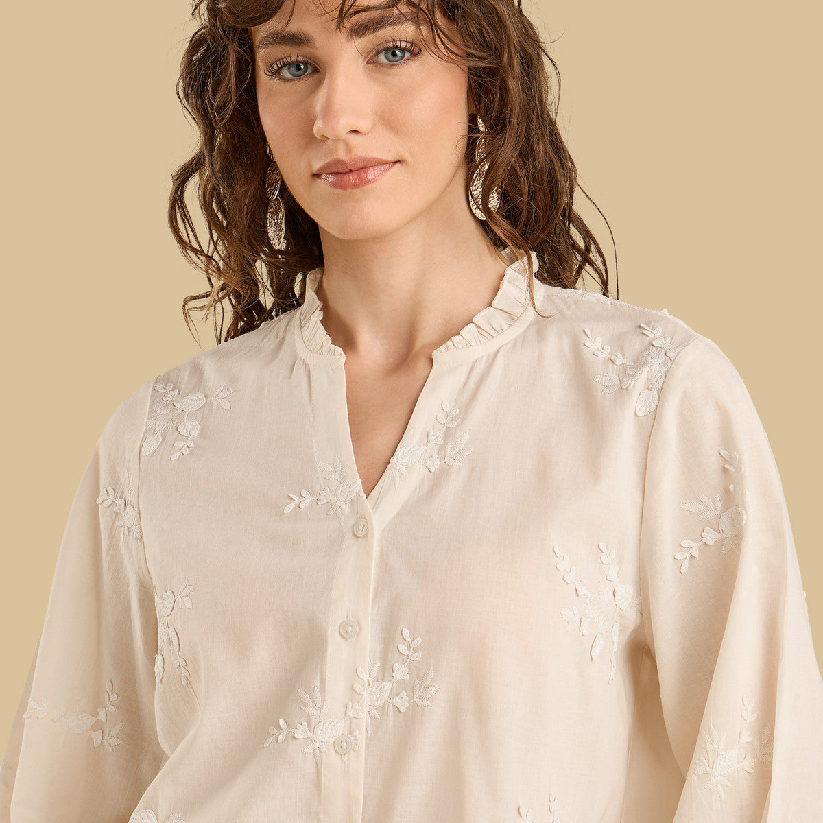 Max embroidered ruffle neck shirt white