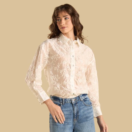 Floral embroidered sequin white shirt