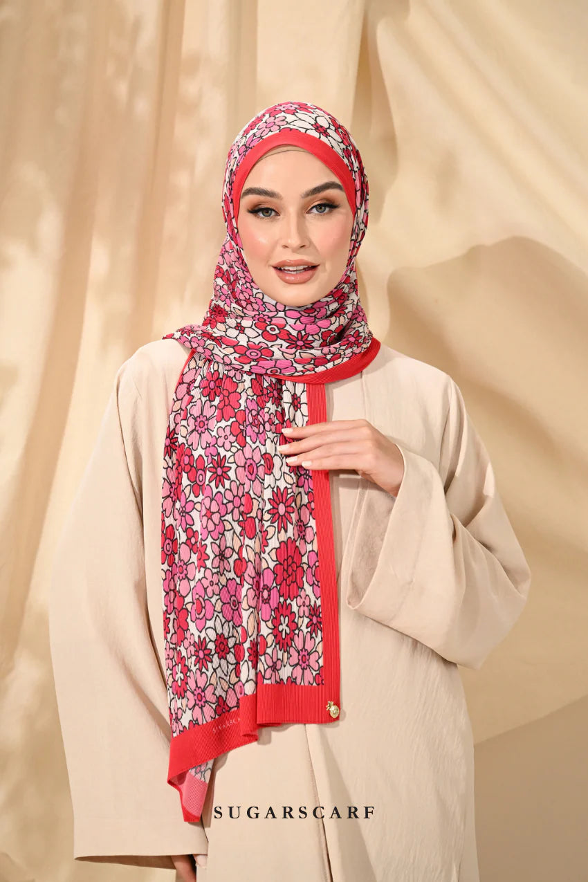 Sugar wide pleat Eid flower pink shawl