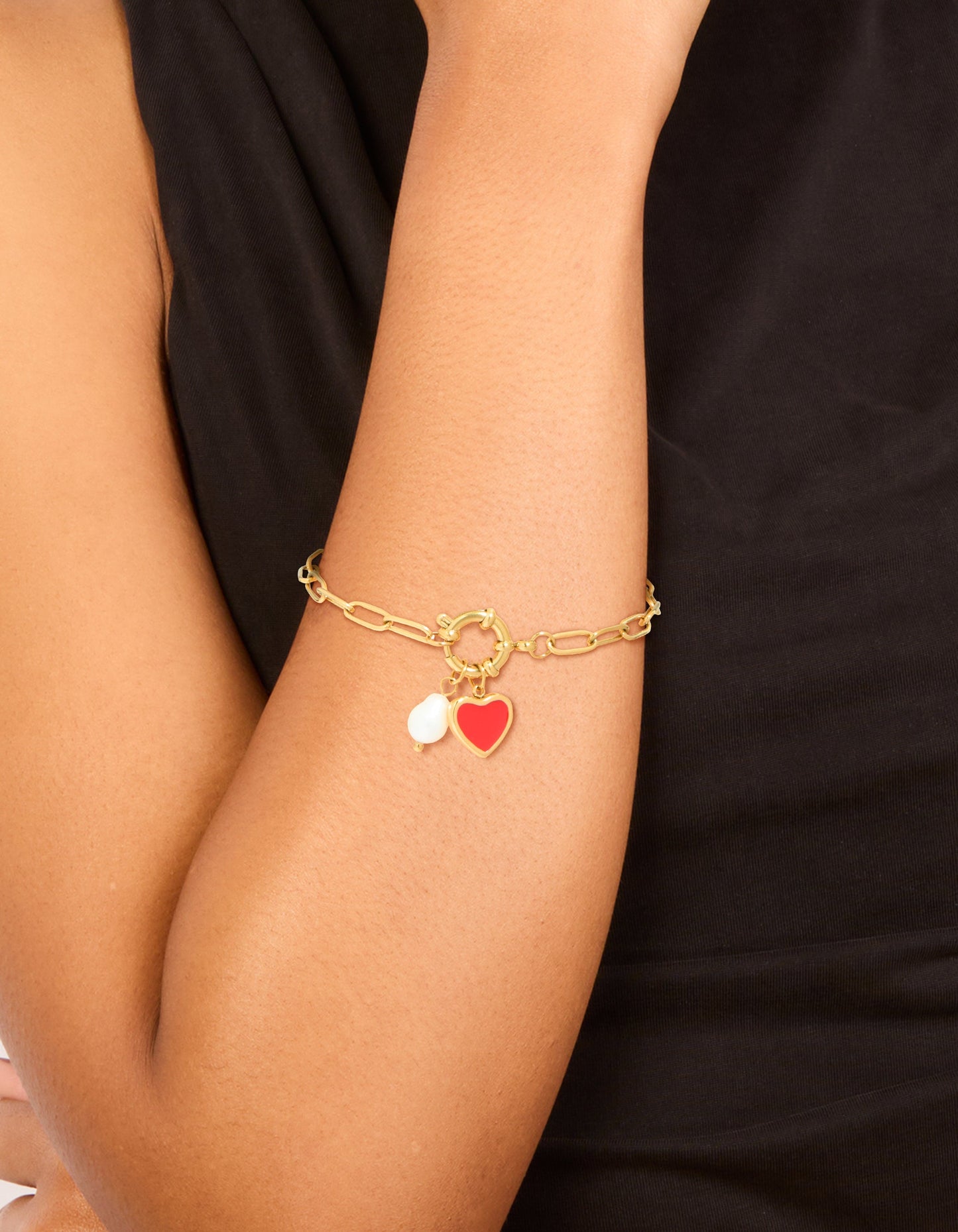 Bracelet Gold Plated SS Red Heart & Pearl Charm