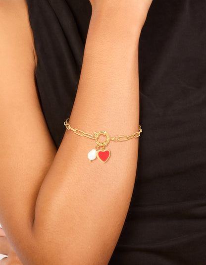 Bracelet Gold Plated SS Red Heart & Pearl Charm