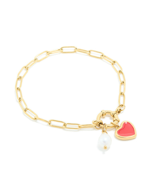 Bracelet Gold Plated SS Red Heart & Pearl Charm