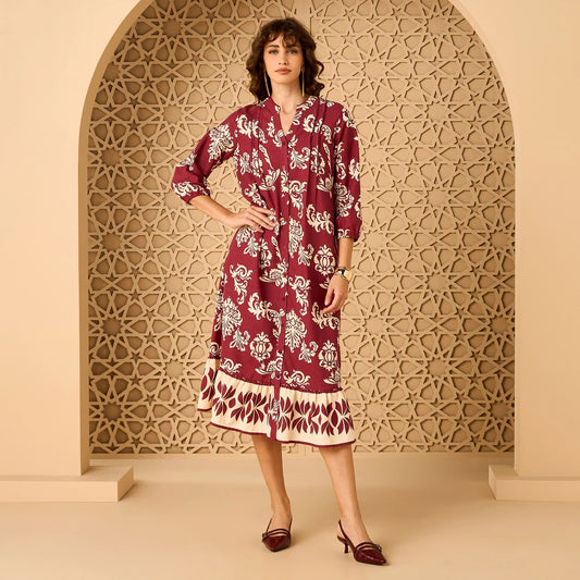 Max printed linen dress with mandarin collar