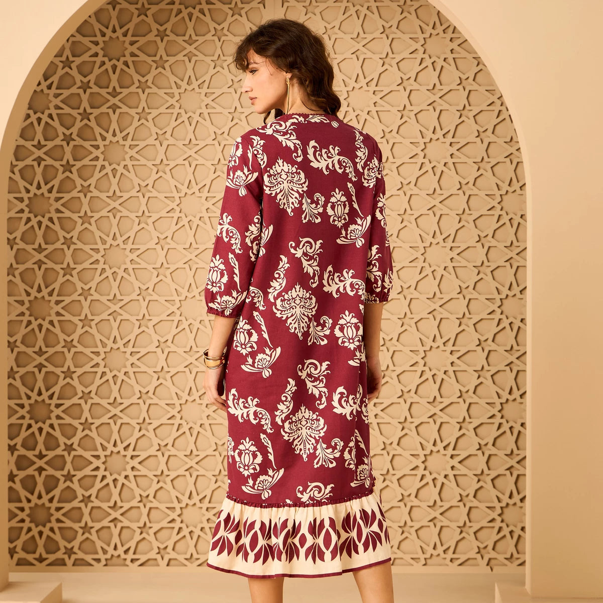 Max printed linen dress with mandarin collar