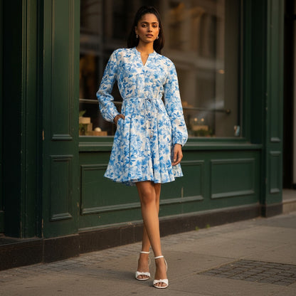 Max print godet dress with Tie-Up