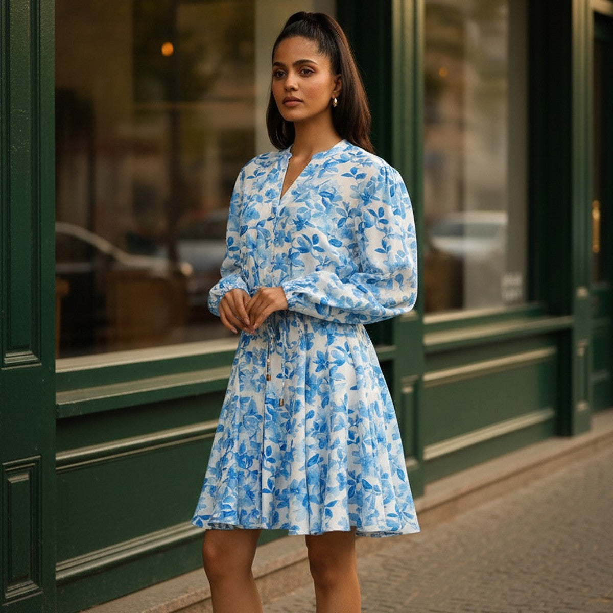 Max print godet dress with Tie-Up