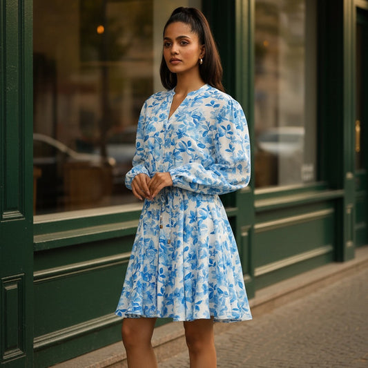 Max print godet dress with Tie-Up