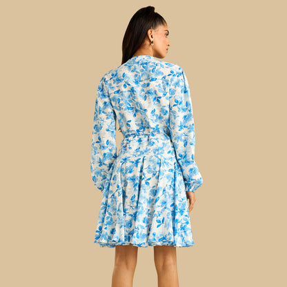 Max print godet dress with Tie-Up