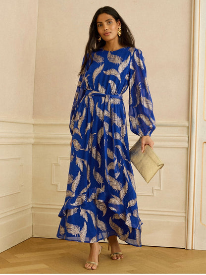 WLD dress with metallic gold feather