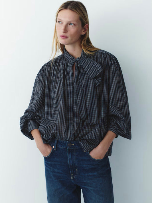 H&M bow-collar blue blouse