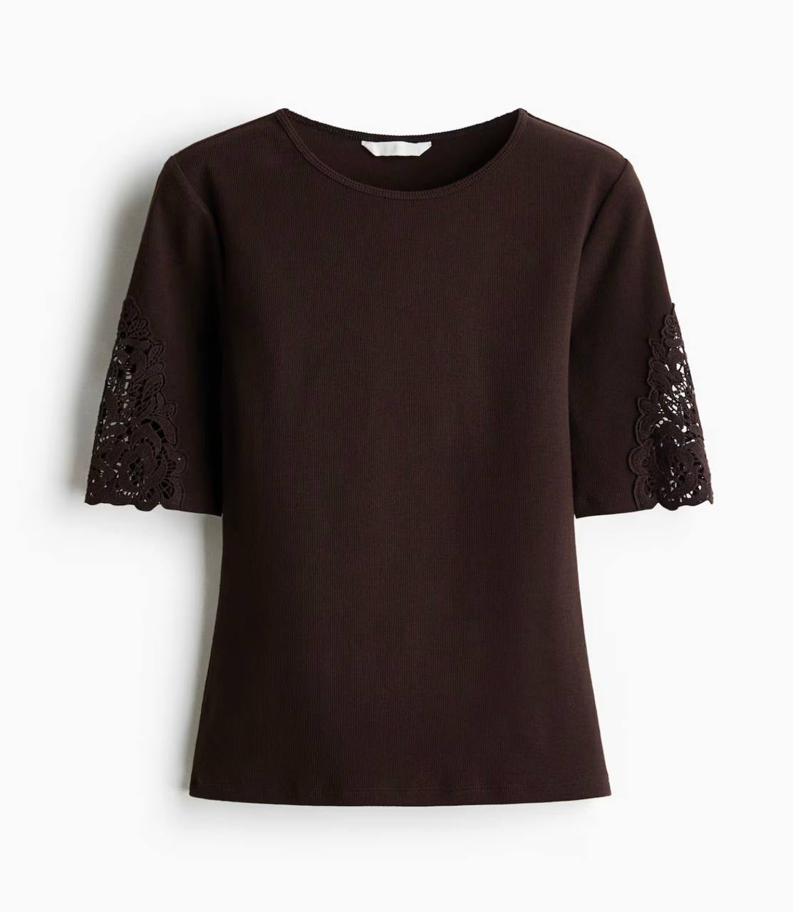 H&M Ribbed Lace-Inset Top - Dark Brown