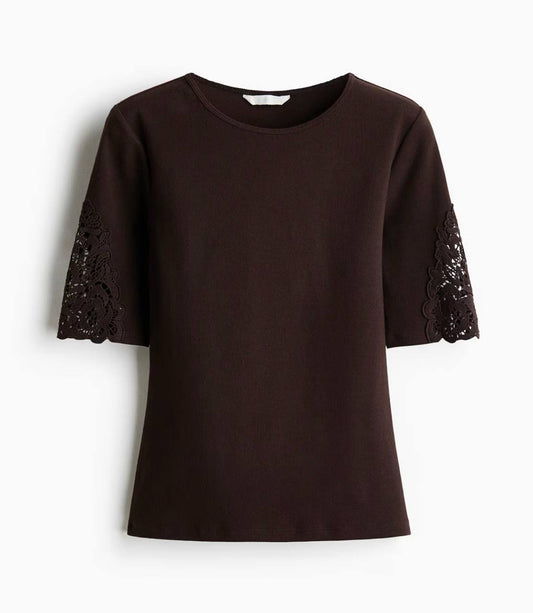 H&M Ribbed Lace-Inset Top - Dark Brown