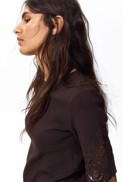 H&M Ribbed Lace-Inset Top - Dark Brown
