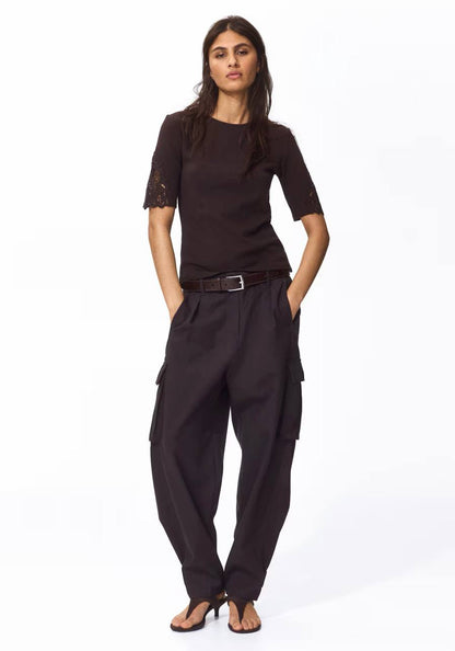 H&M Ribbed Lace-Inset Top - Dark Brown