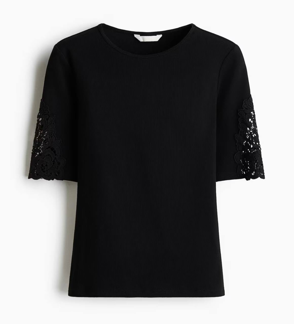 H&M Ribbed Lace-Inset Top - Black