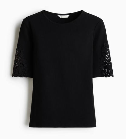 H&M Ribbed Lace-Inset Top - Black