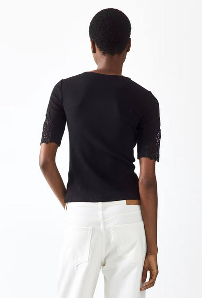 H&M Ribbed Lace-Inset Top - Black