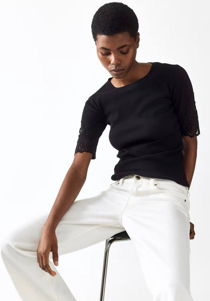 H&M Ribbed Lace-Inset Top - Black