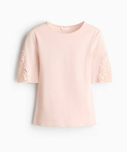 H&M Ribbed Lace-Inset Top - Pink
