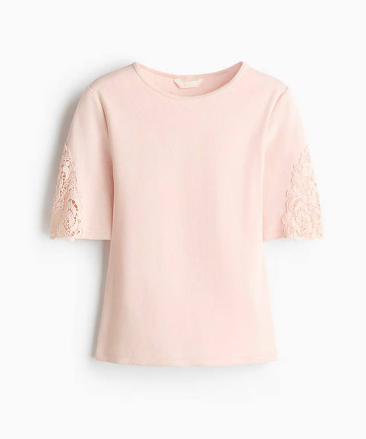H&M Ribbed Lace-Inset Top - Pink