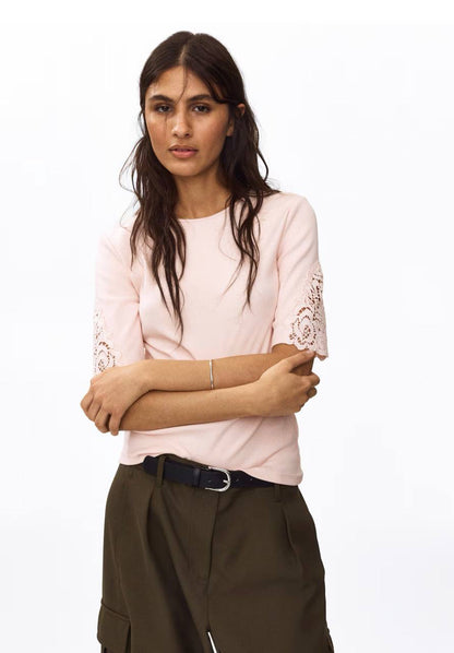 H&M Ribbed Lace-Inset Top - Pink