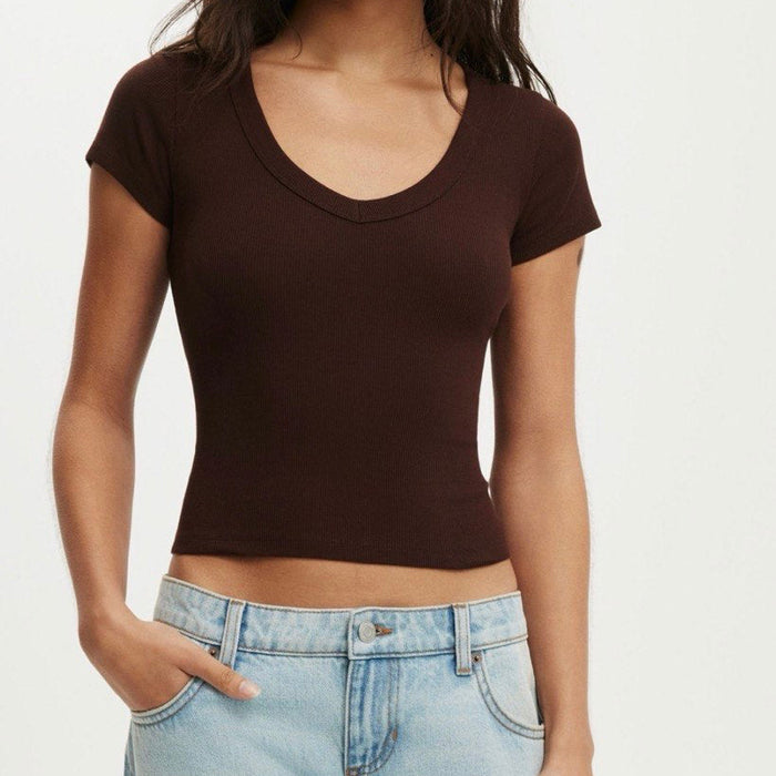Cotton On Goldie Rib V-Neck Brown
