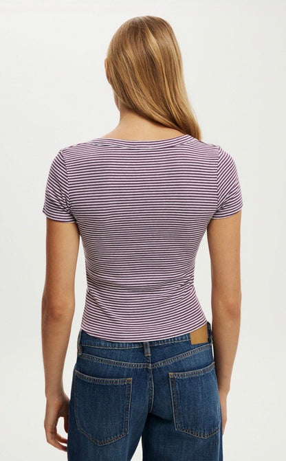 Cotton On Goldie Rib V-Neck Stripe Plum