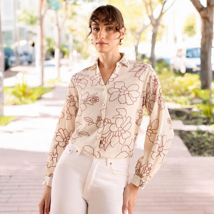 Cream floral print georgette shirt