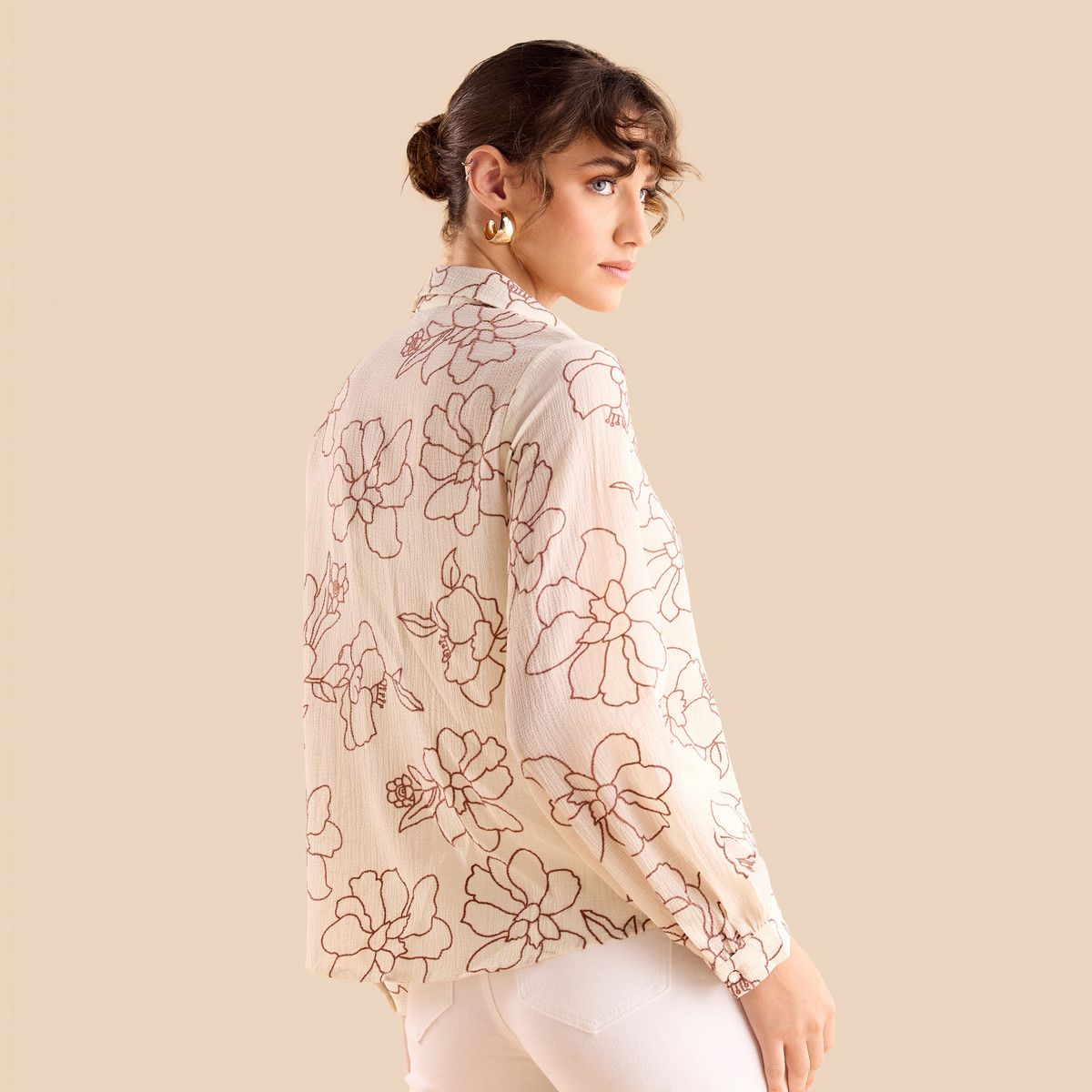 Cream floral print georgette shirt